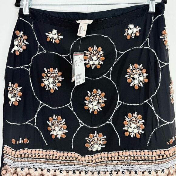 H&M Black Tan Cream Embroidered Beaded Jewel Embellished Tribal Mini Skirt NEW - Picture 7 of 15
